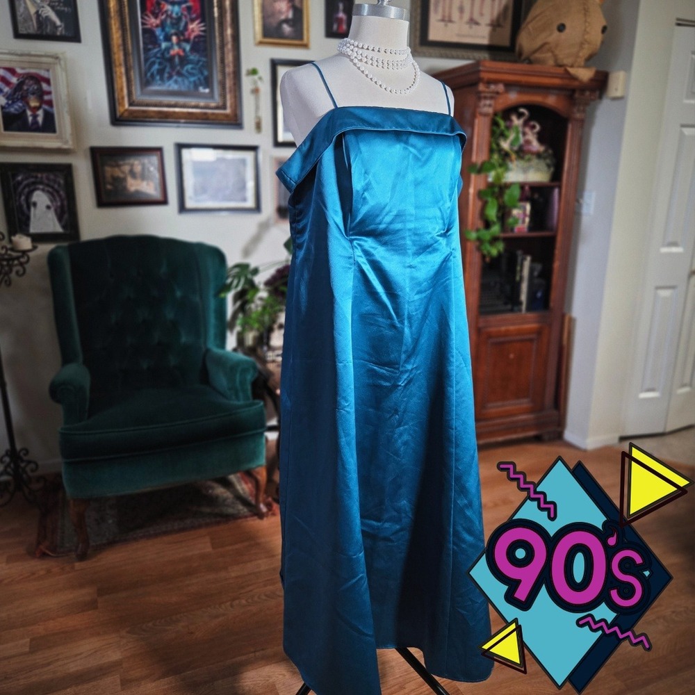 Vintage 90s Neblon USA Teal Blue Satin Maxi‎ Dress Spaghetti Strap Formal 5XL